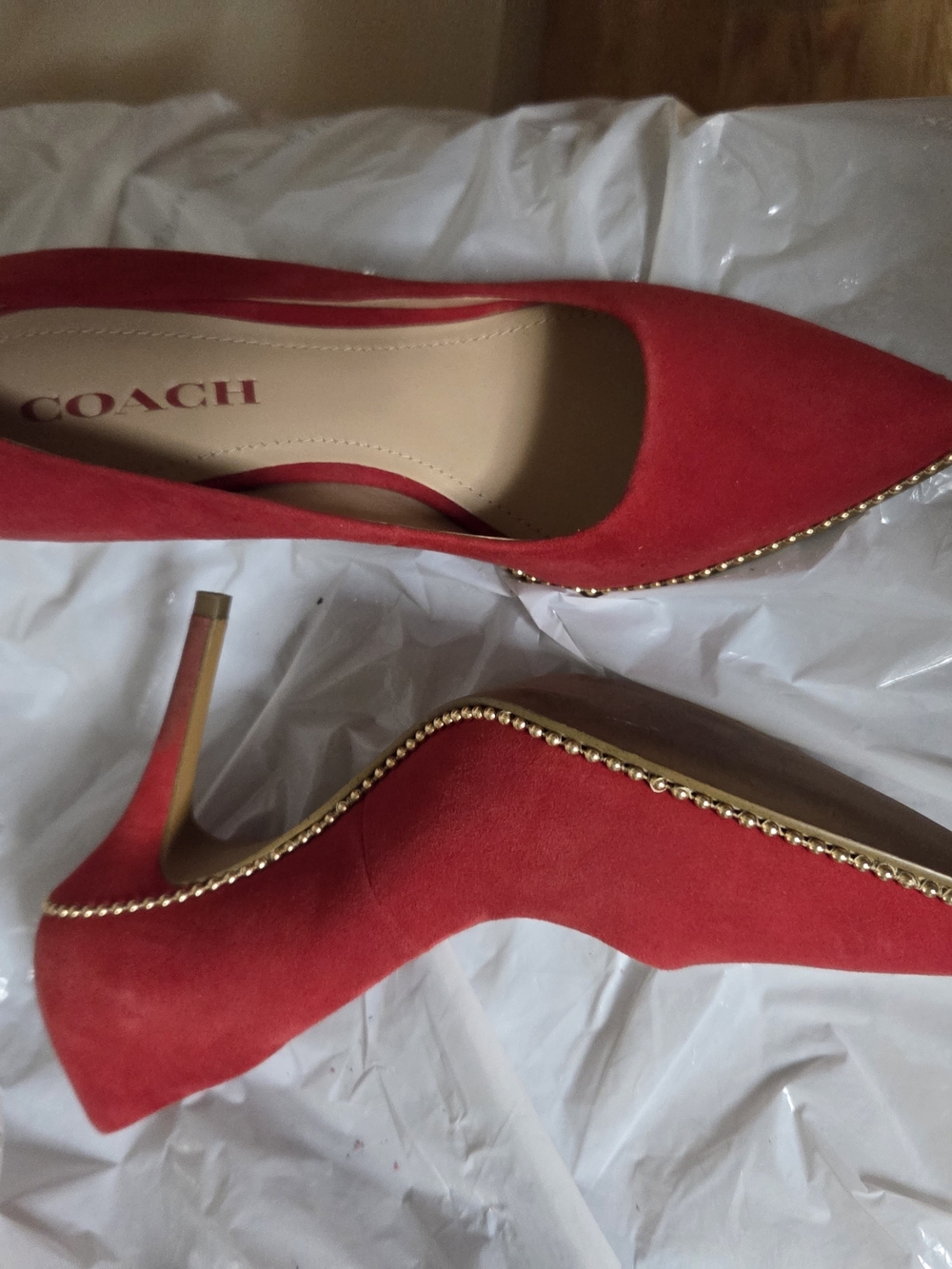 COACH Red Suede Pointed-Toe High Heels with Gold Trim